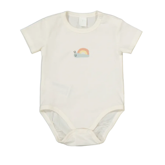 White baby onesie with a rainbow snail design