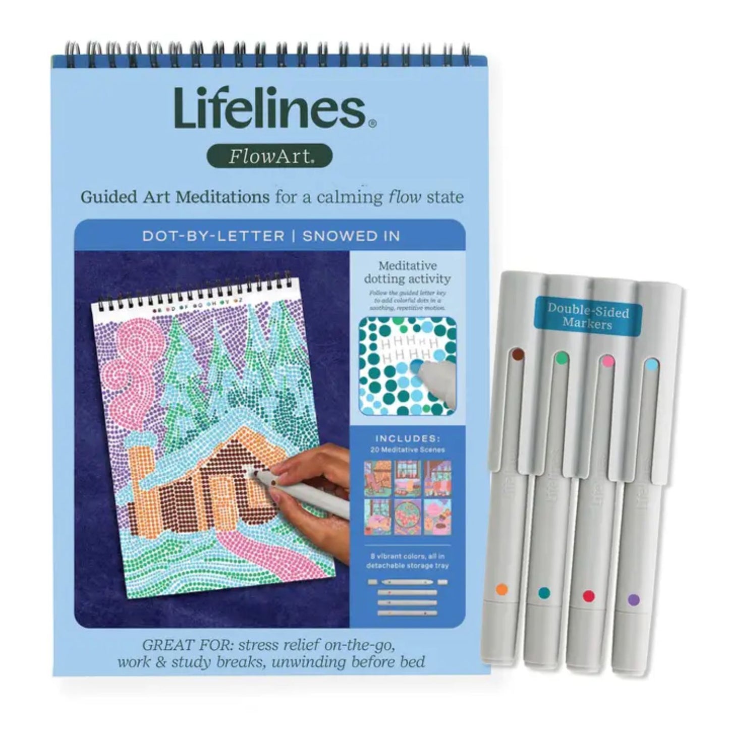Relaxing winter dot-by-letter activity pad with markers
