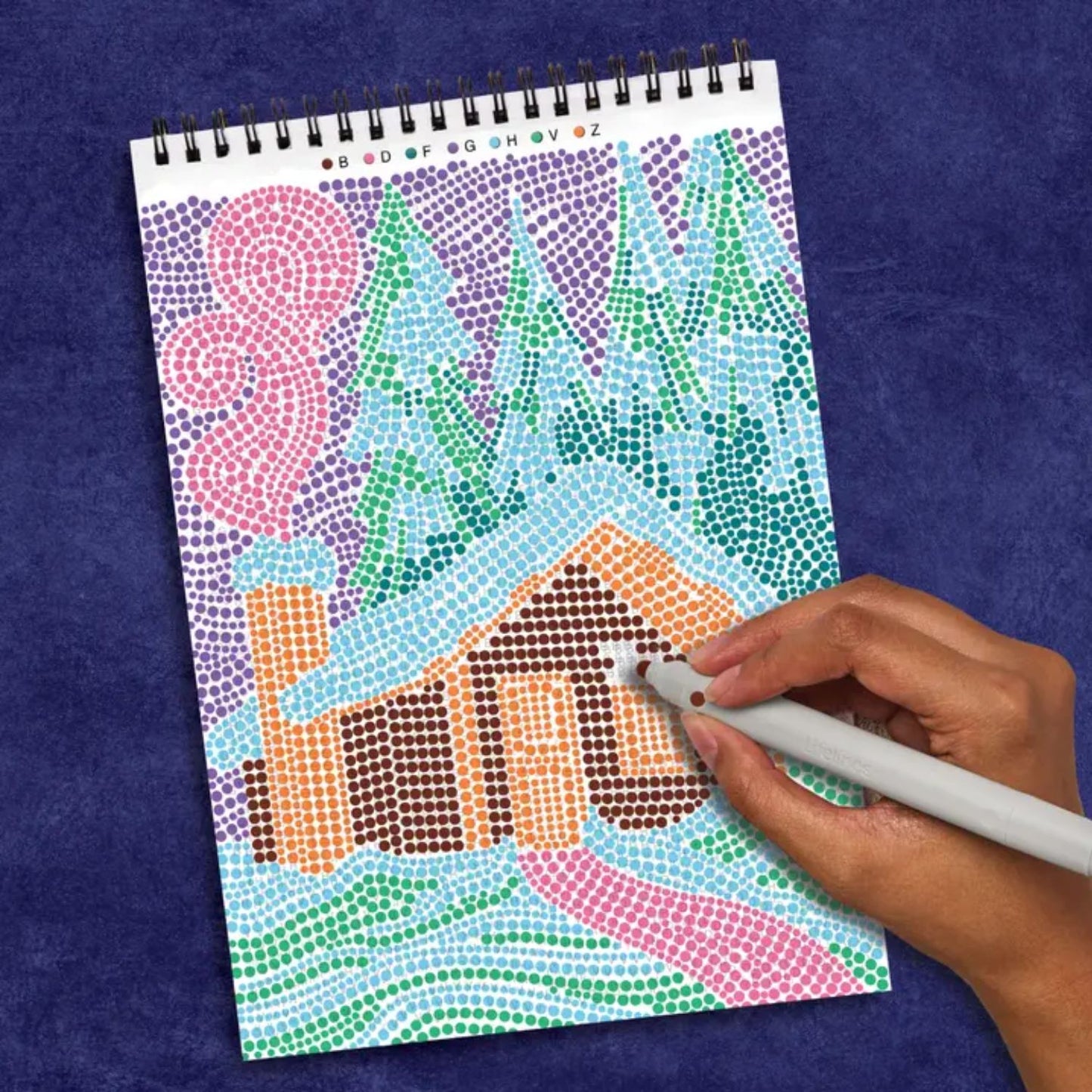 Relaxing winter dot-by-letter activity pad with markers