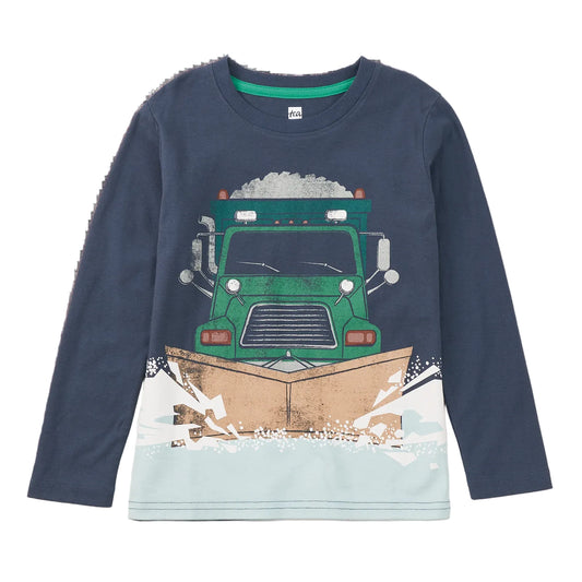 A navy blue long-sleeve crewneck shirt for kids, featuring a graphic print of a green snowplow truck pushing through snow on the front.