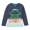 A navy blue long-sleeve crewneck shirt for kids, featuring a graphic print of a green snowplow truck pushing through snow on the front.