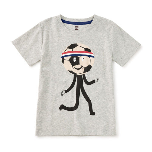 Gray tee with graphic of person with a soccer ball head