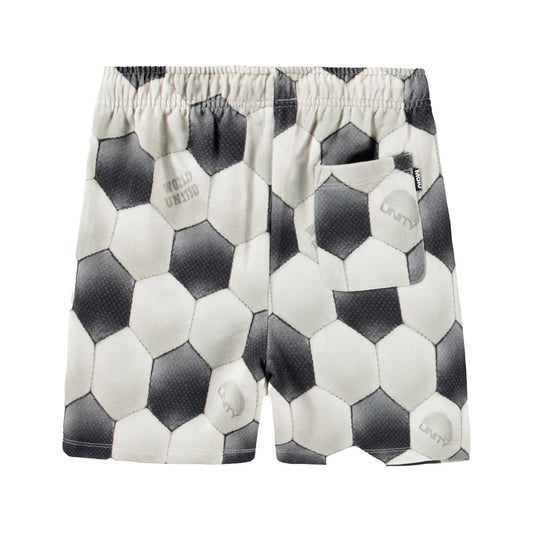 Soccer ball patterned shorts on a white background