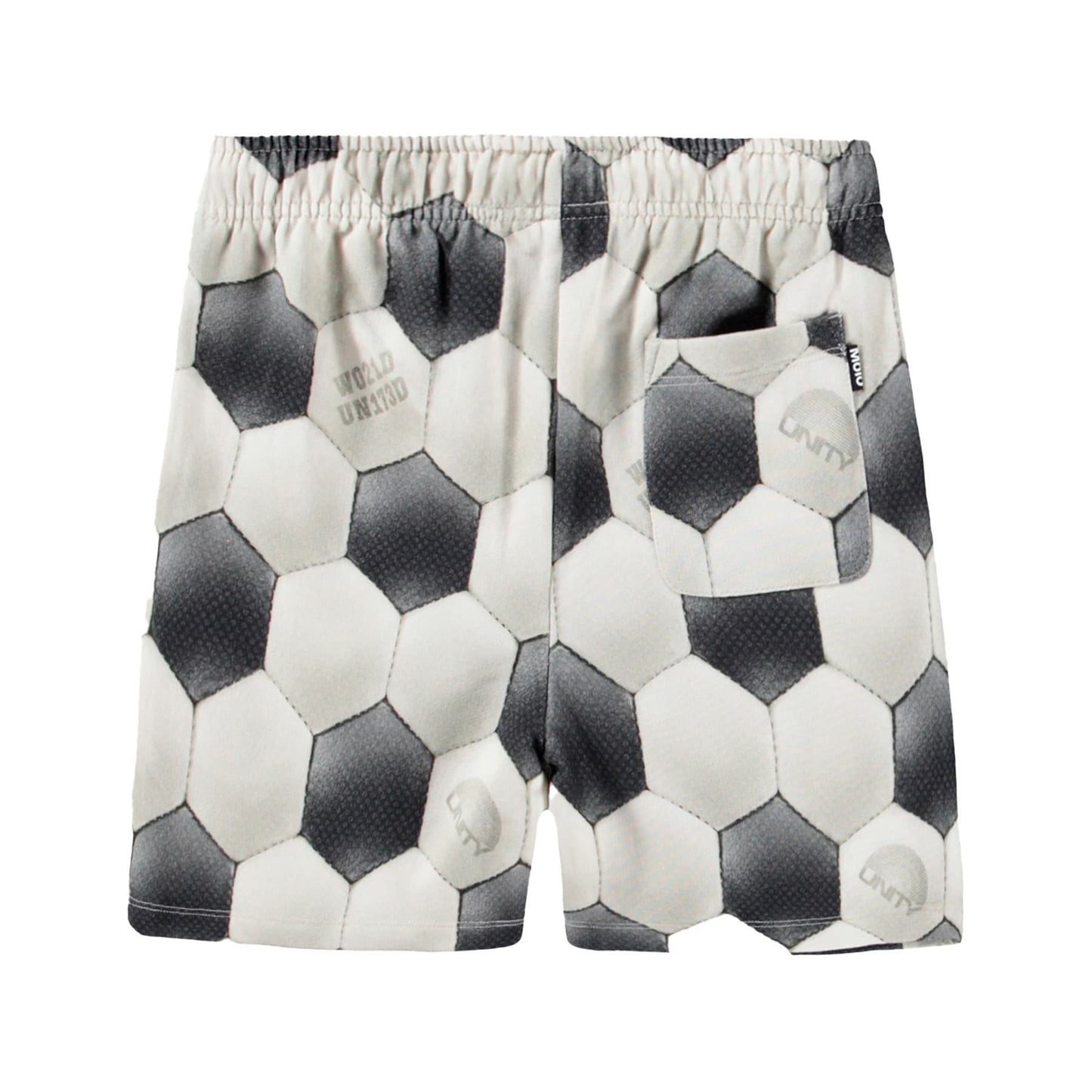Soccer ball patterned shorts on a white background