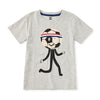 Gray tee with graphic of person with a soccer ball head