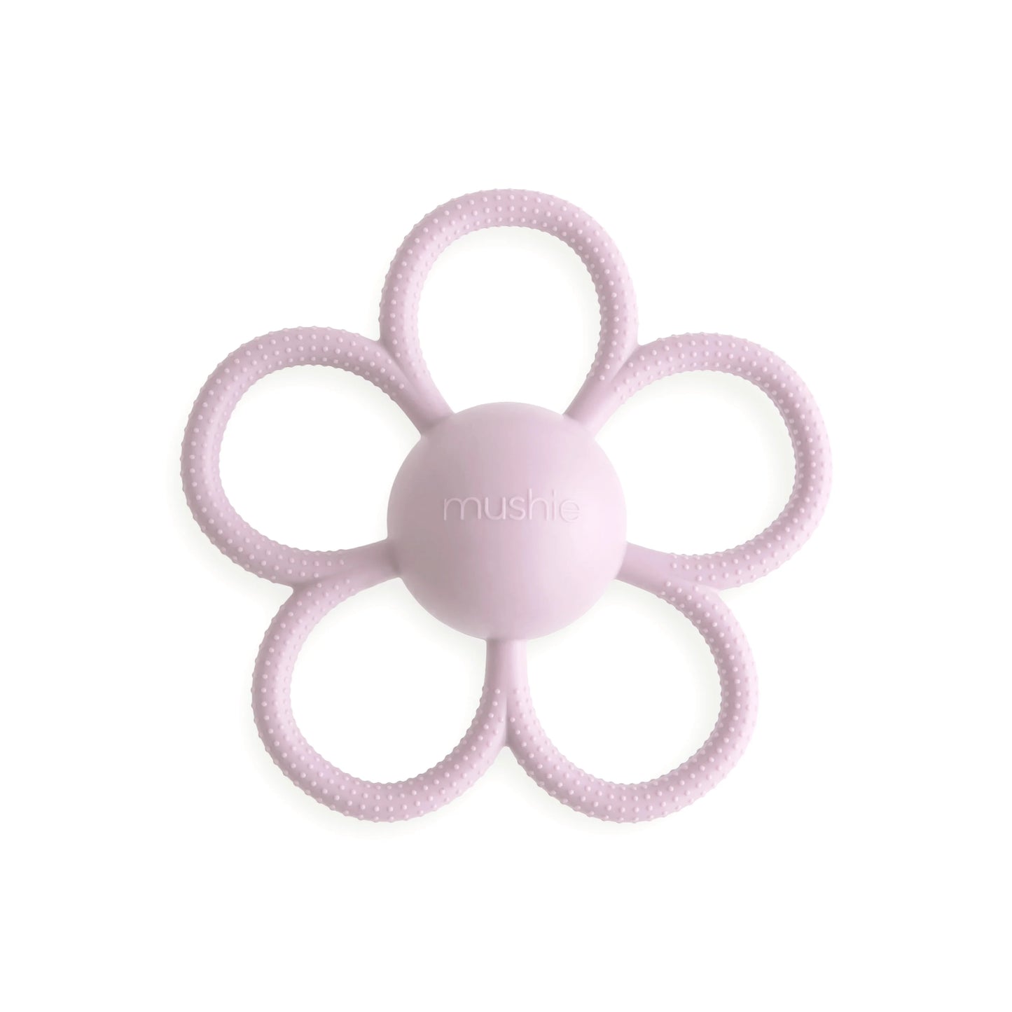 A silicone daisy-shaped rattle teether in lilac color with a central ball for teething and handles shaped like petals.