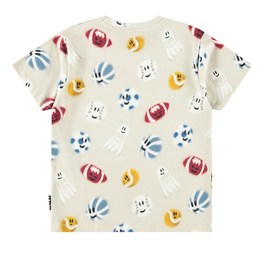 Children's t-shirt with colorful cartoon character print on a white background