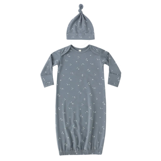 Navy baby gown with star pattern and matching hat on a white background