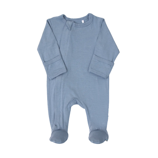 Blue baby footie with zip closure on a white background