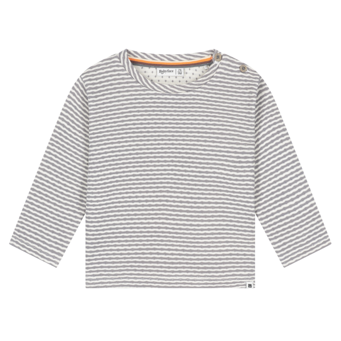 A long-sleeve baby t-shirt with thin gray and white horizontal stripes, featuring a crew neck and snap buttons on the shoulders, shown against a plain white background.