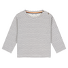 A long-sleeve baby t-shirt with thin gray and white horizontal stripes, featuring a crew neck and snap buttons on the shoulders, shown against a plain white background.