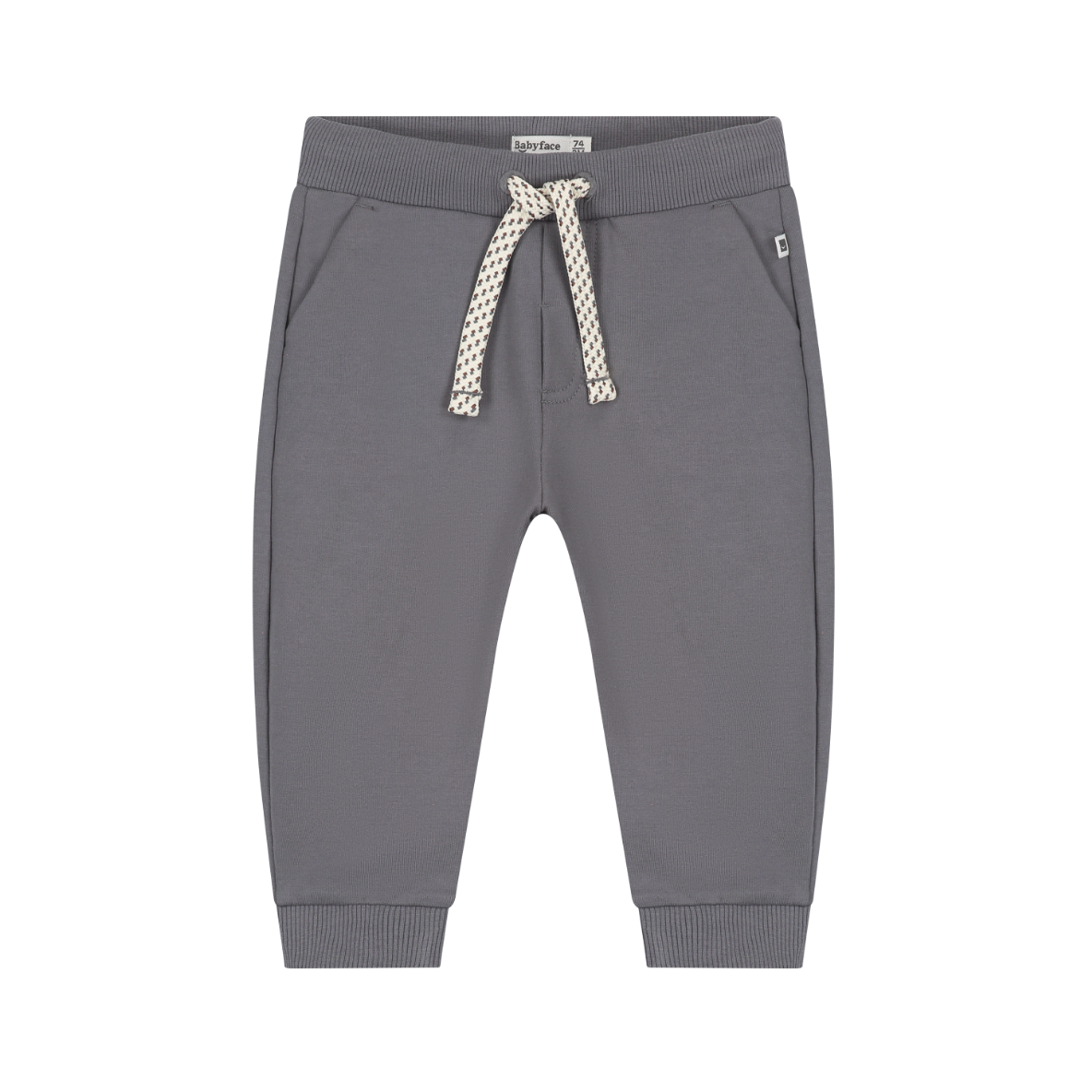 A pair of children's gray sweatpants with a patterned cream and gray drawstring, ribbed cuffs, and side pockets, shown against a plain white background.