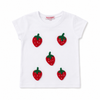 White t-shirt with strawberry appliqués on a white background