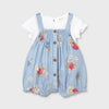 Children's denim romper with floral embroidery on a light gray background