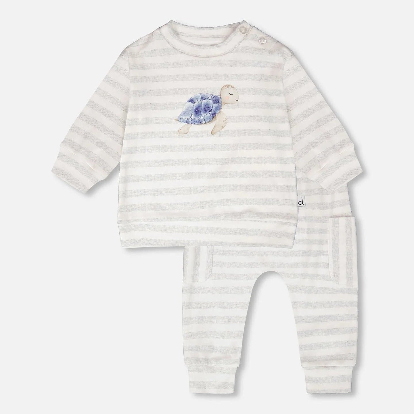 White and gray stripe baby long sleeve pant and short set with blue turtle on shirt