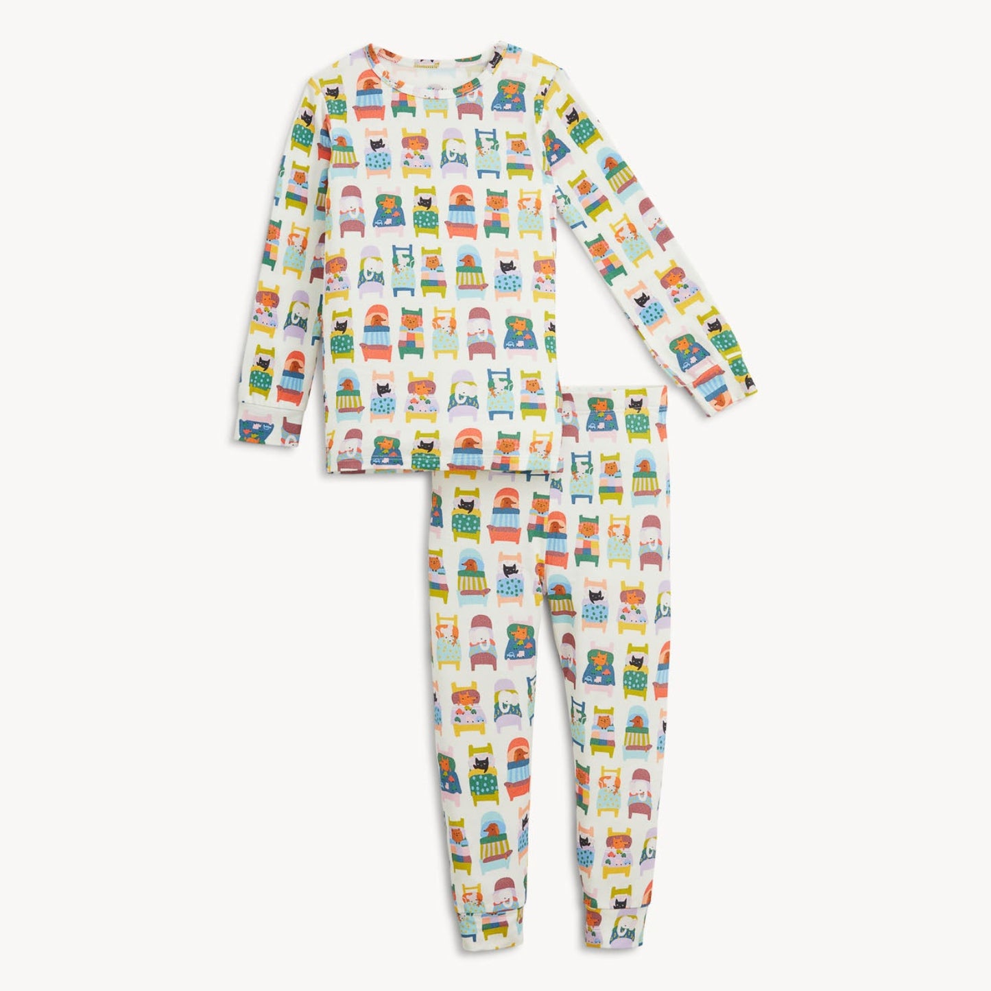 A two-piece children's pajama set featuring a long-sleeve top and matching pants, both printed with a colorful repeating pattern of cartoon characters and vehicles on a white background.