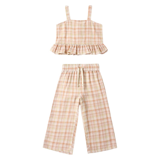 Pink Plaid ruffle tank top and pants set 