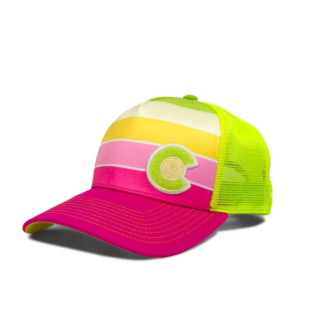 Colorful striped cap with a Colorado logo on a white background