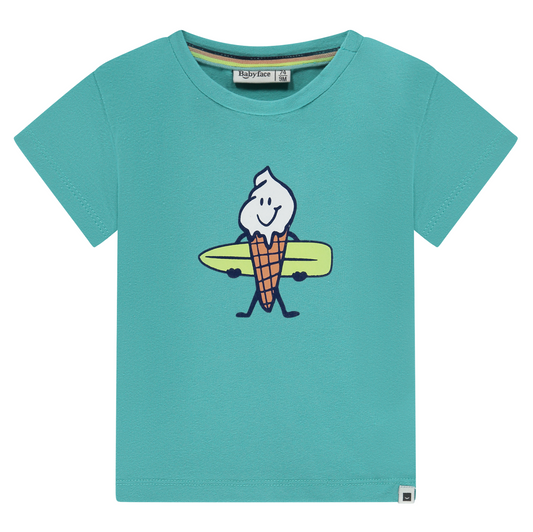 Teal t-shirt with ice cream cone holding a surf board graphic