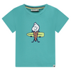Teal t-shirt with ice cream cone holding a surf board graphic