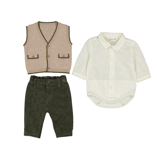 Children's clothing set with vest, shirt, and pants on a white background
