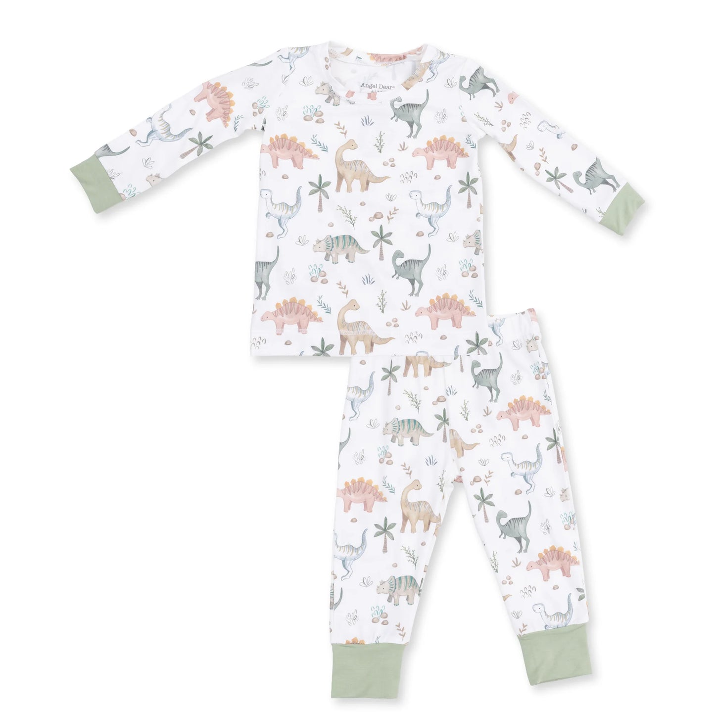Kid pajama set with all over dino print in neutral and green colors
