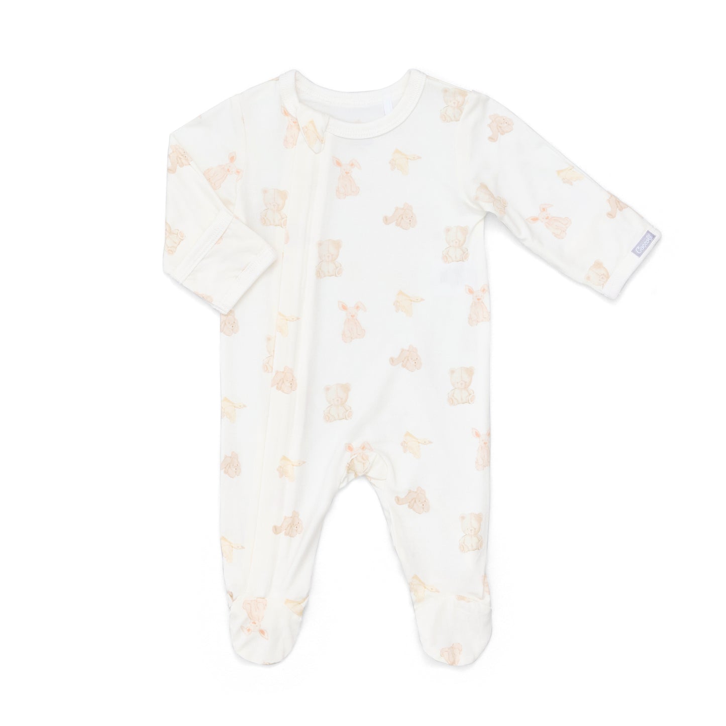 Baby footie with bear pattern on a white background