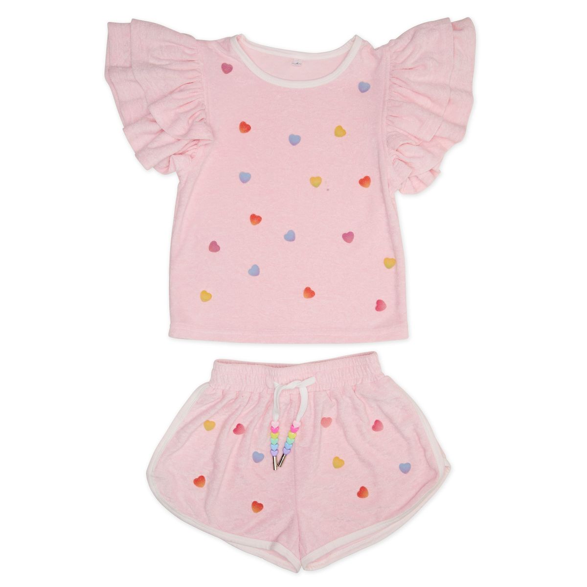 Pink children's outfit with ruffled sleeves and colorful heart patterns on a white background
