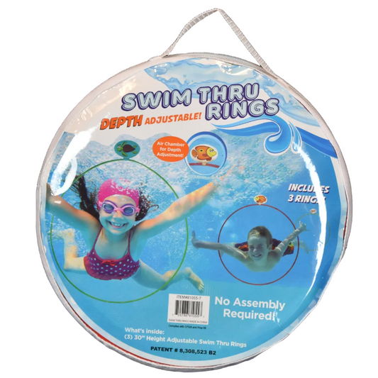 Packaging of swim thru rings with illustrations of a child and a pool 