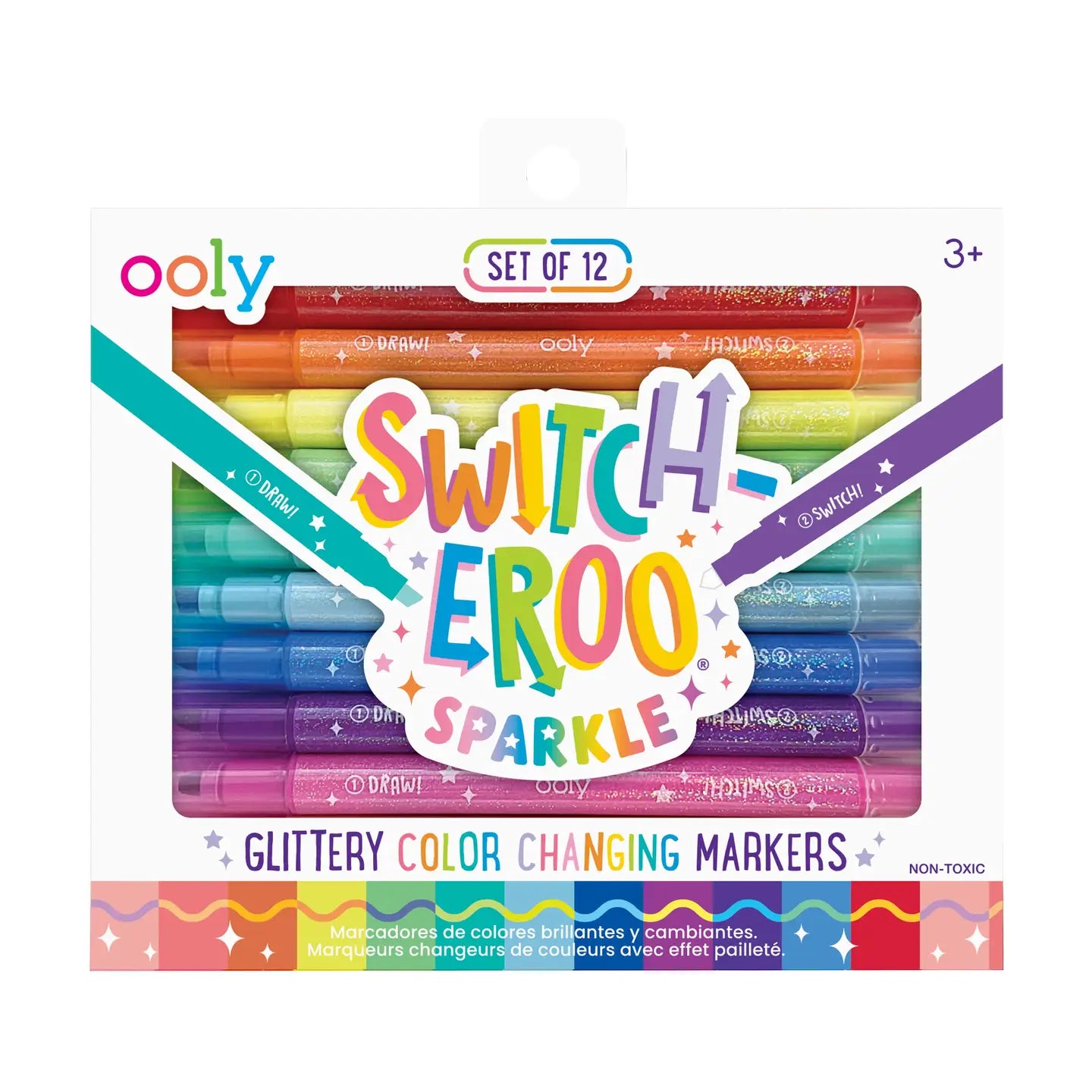 A pack of OOLY Switch-eroo Color Changing Markers with 12 multicolored markers visible through the packaging window.
