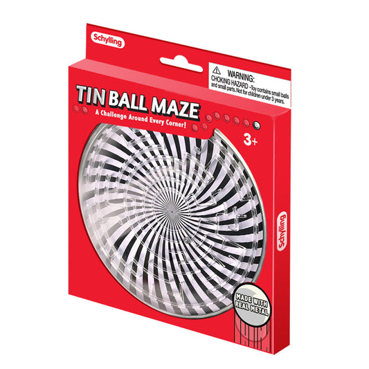 Red packaging of a Tin Ball Maze toy by Schylling on a white background
