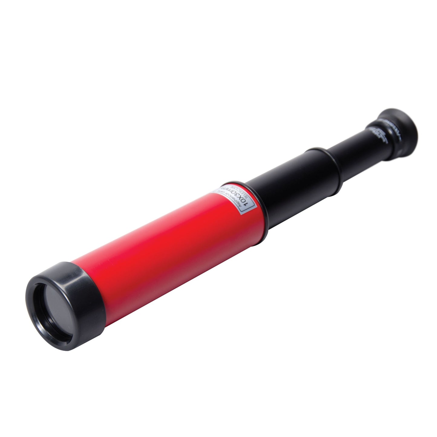 Telescope with red front section and black rear section on a white background