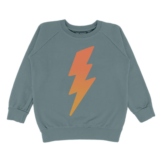 A gray crewneck sweatshirt with a large orange and yellow lightning bolt graphic on the front.