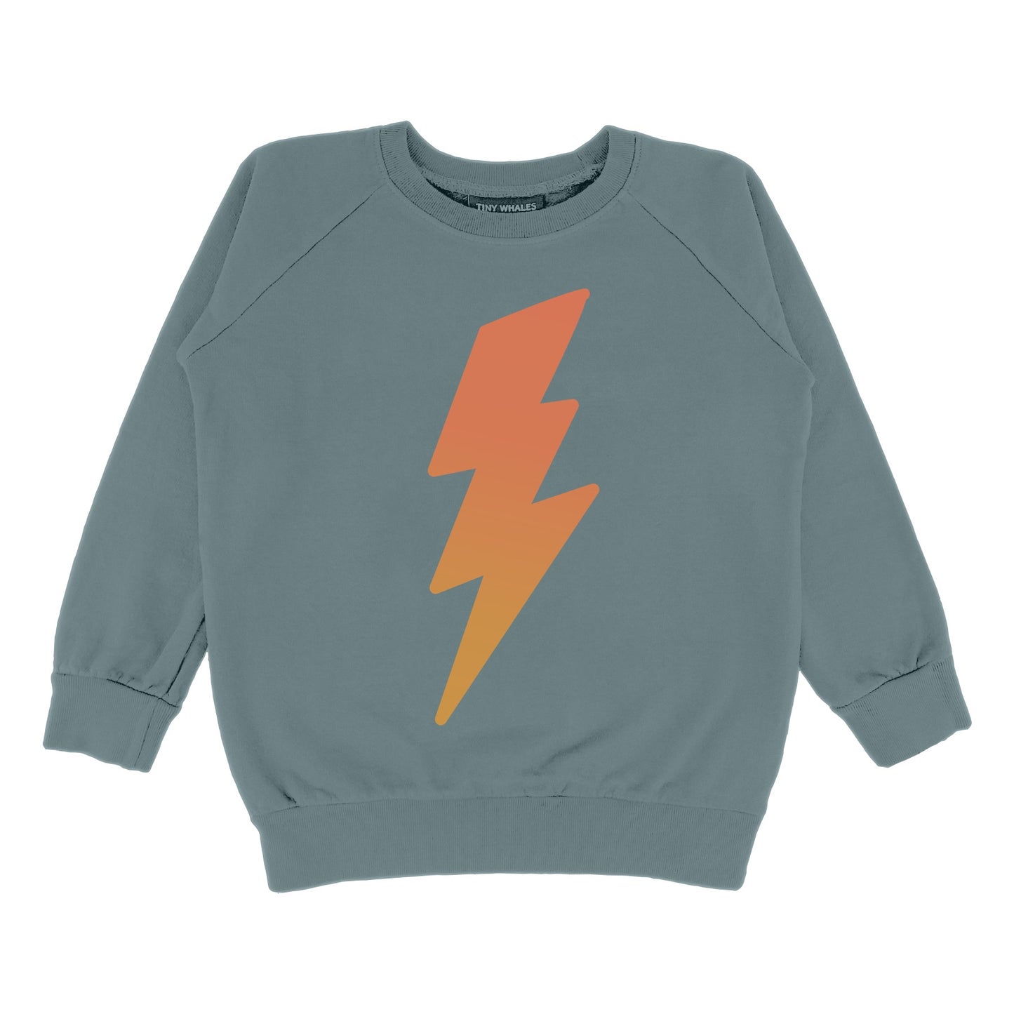 A gray crewneck sweatshirt with a large orange and yellow lightning bolt graphic on the front.