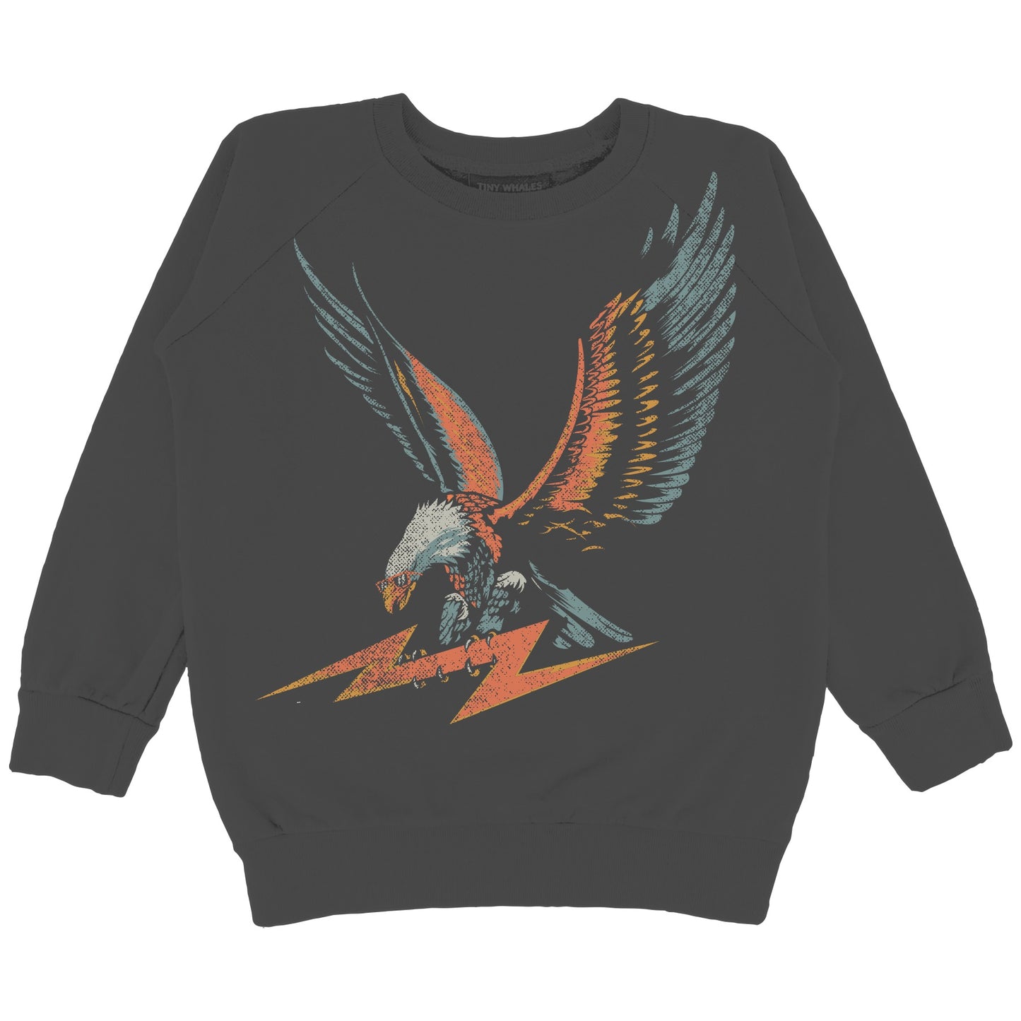 A black crewneck sweatshirt with a graphic of an eagle in flight, with outstretched wings, above a lightning bolt.