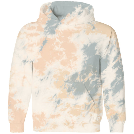 A tie-dye sweatshirt with a hood, featuring a blend of beige, blue, and white colors in a marbled pattern.