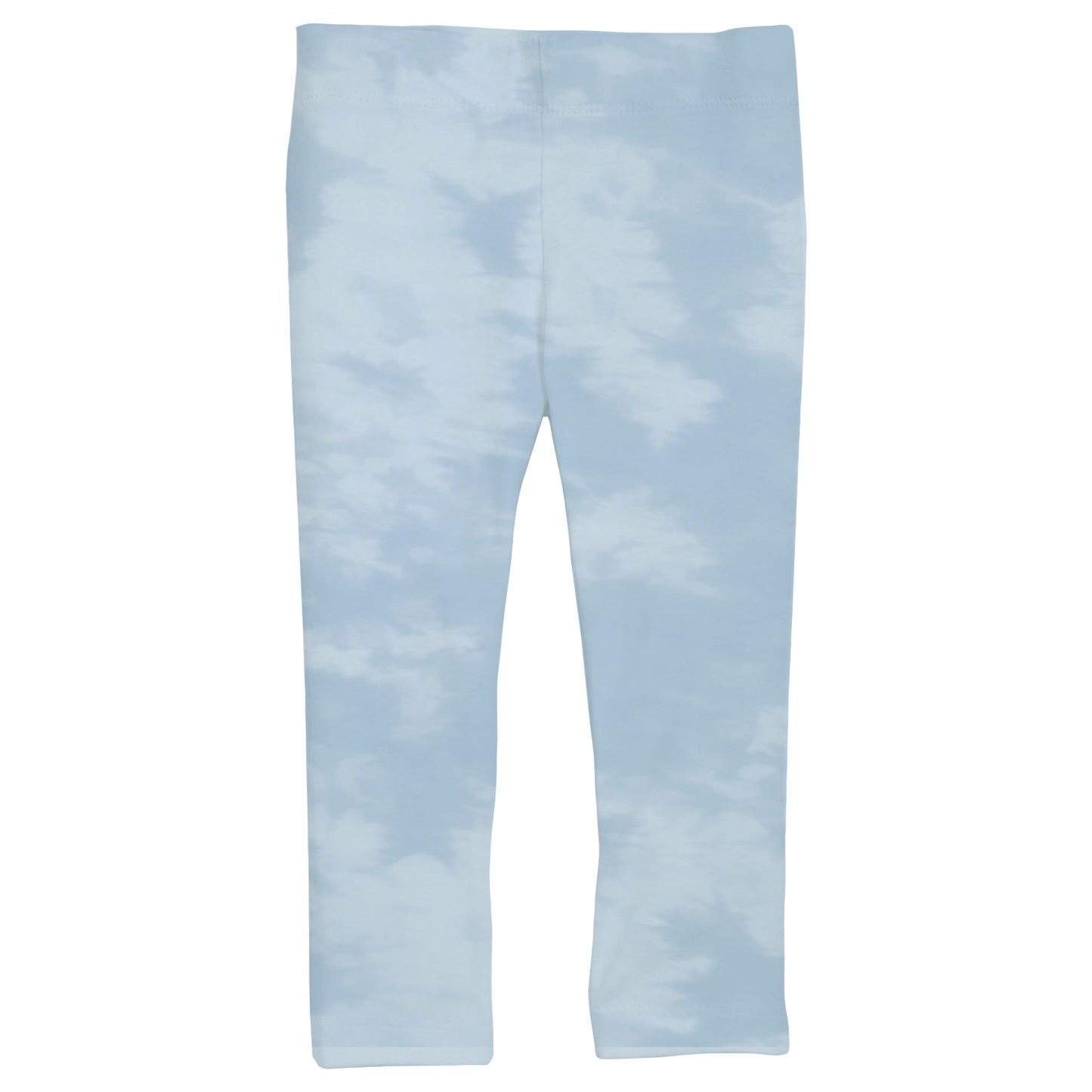 A pair of blue leggings with a cloud pattern.