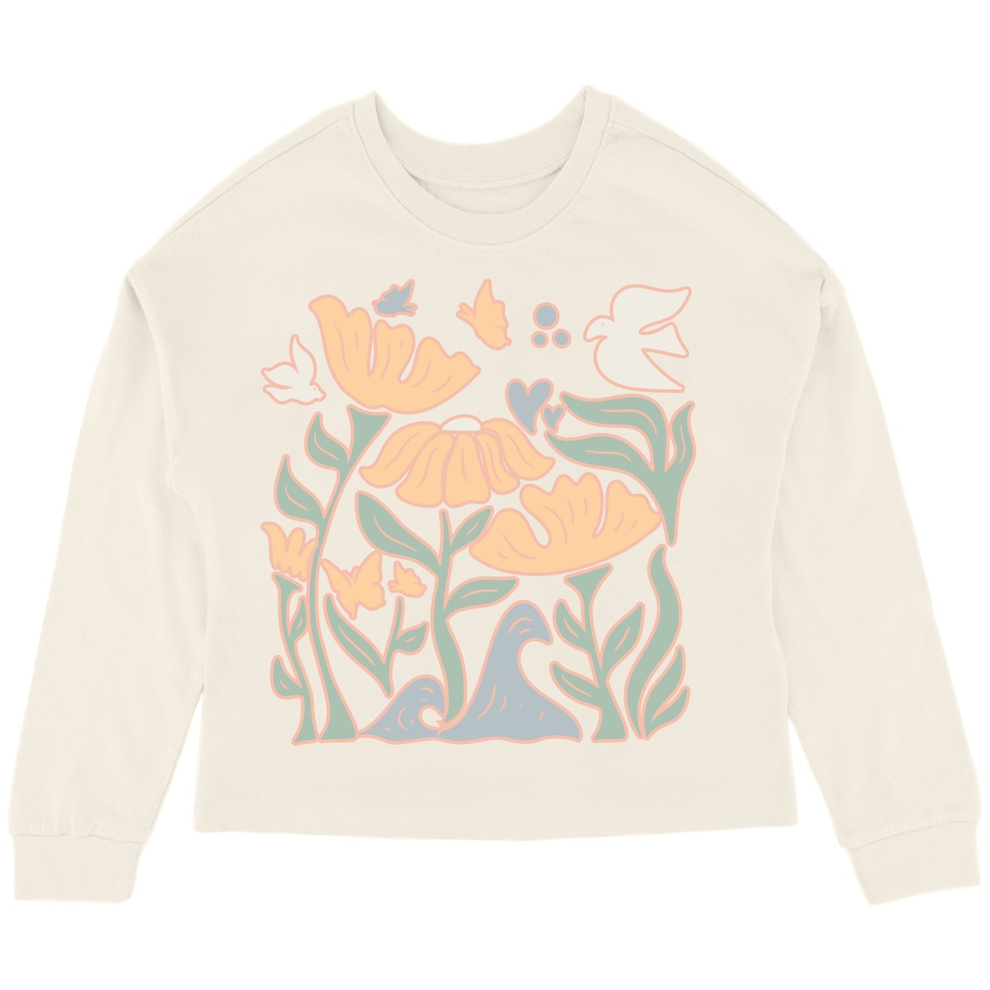 An oversized top with a floral graphic design in multicolor on a beige background.
