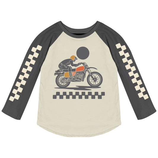 A long-sleeved motorcycle-themed raglan top for kids, primarily in beige color with black checkered patterns on the sleeves and a graphic of a motorcycle and rider on the front.