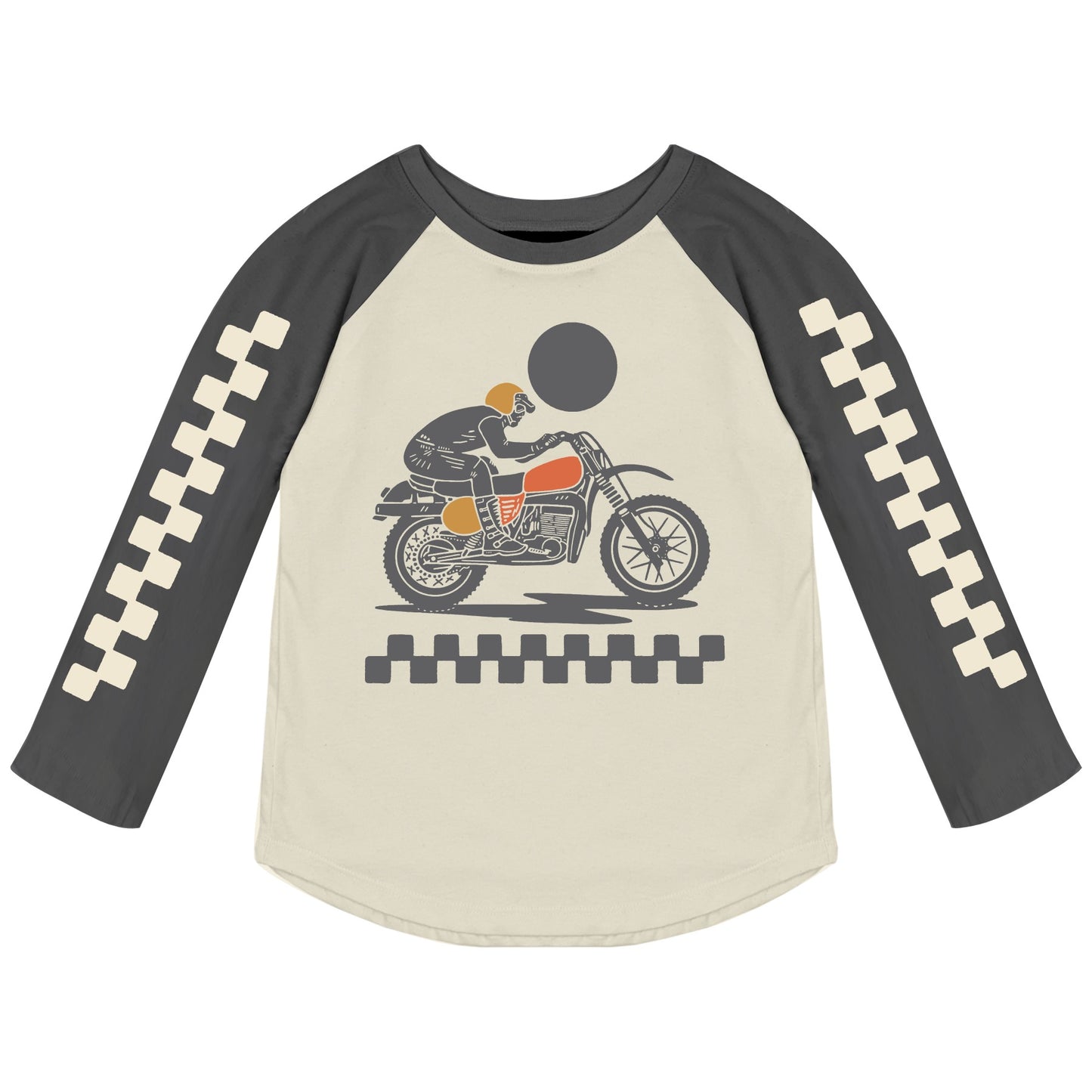 A long-sleeved motorcycle-themed raglan top for kids, primarily in beige color with black checkered patterns on the sleeves and a graphic of a motorcycle and rider on the front.