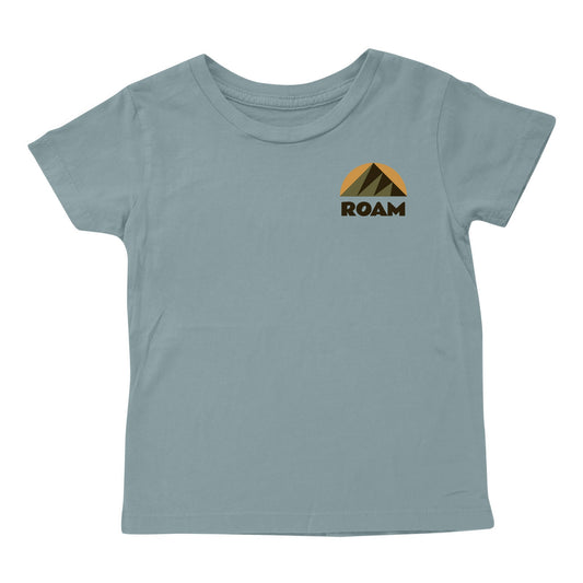 A gray crew neck t-shirt with the word 'ROAM' printed on the chest above a mountain range silhouette.