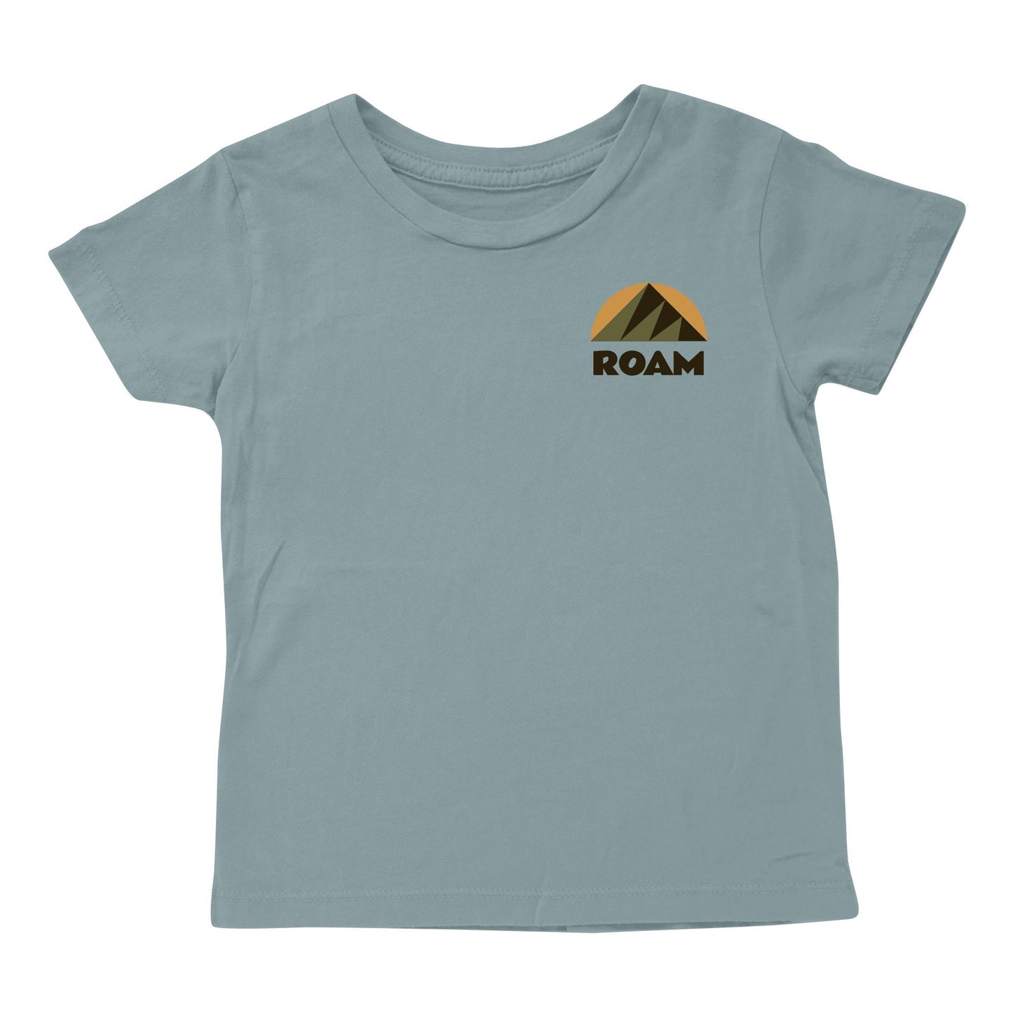 A gray crew neck t-shirt with the word 'ROAM' printed on the chest above a mountain range silhouette.