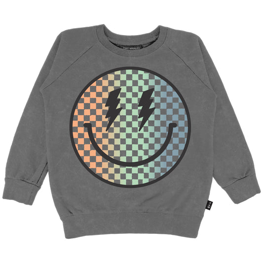 A gray crewneck sweatshirt with a multicolored checkered smiley face design in the center.