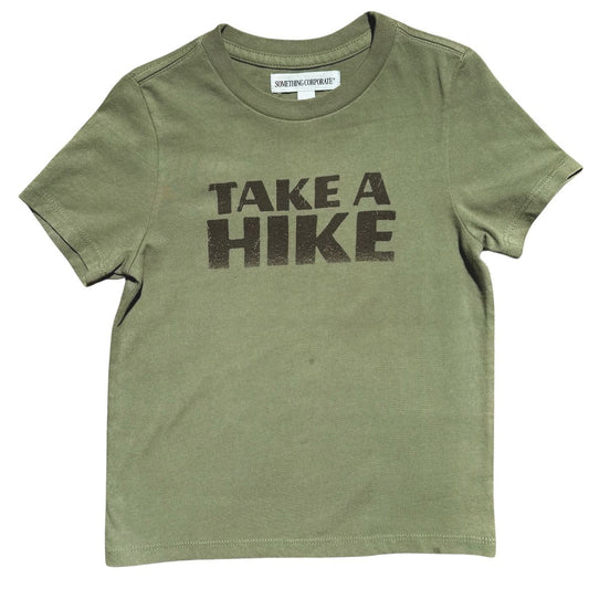 Green t-shirt with 'Take a Hike' text 