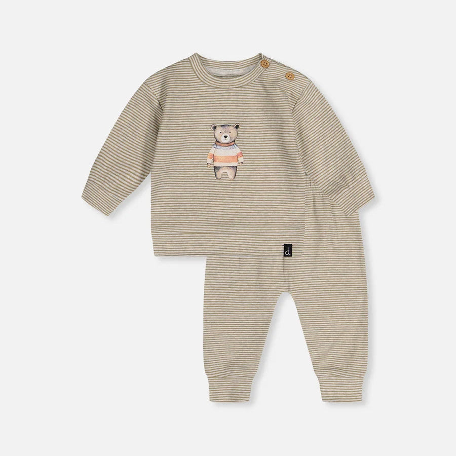 Beige striped baby outfit with teddy bear design on a white background