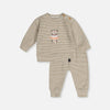 Beige striped baby outfit with teddy bear design on a white background