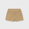 Tan shorts with button details on a white background
