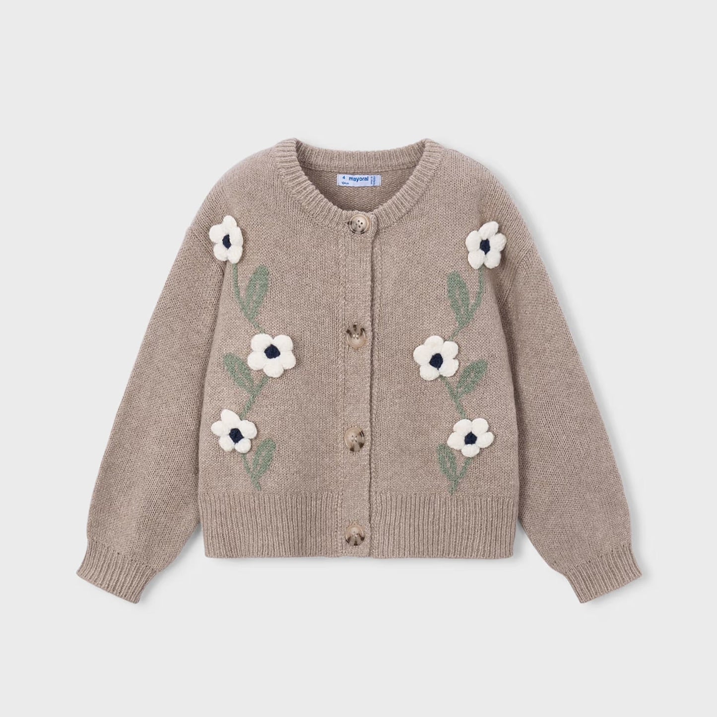 A taupe knit cardigan sweater with embroidered white flowers and green leaves on the front, featuring a button-up closure, shown against a light gray background.
