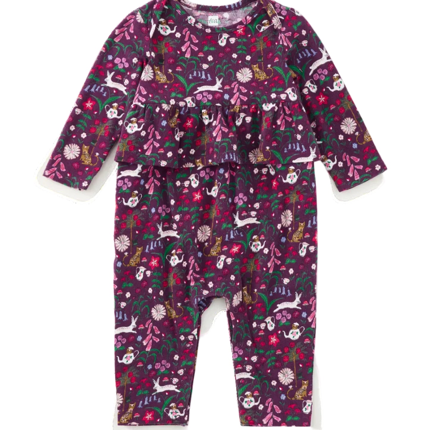 A baby long-sleeve romper with an all-over whimsical print of rabbits, flowers, and leaves in purple, pink, green, and white, shown flat on a white background.