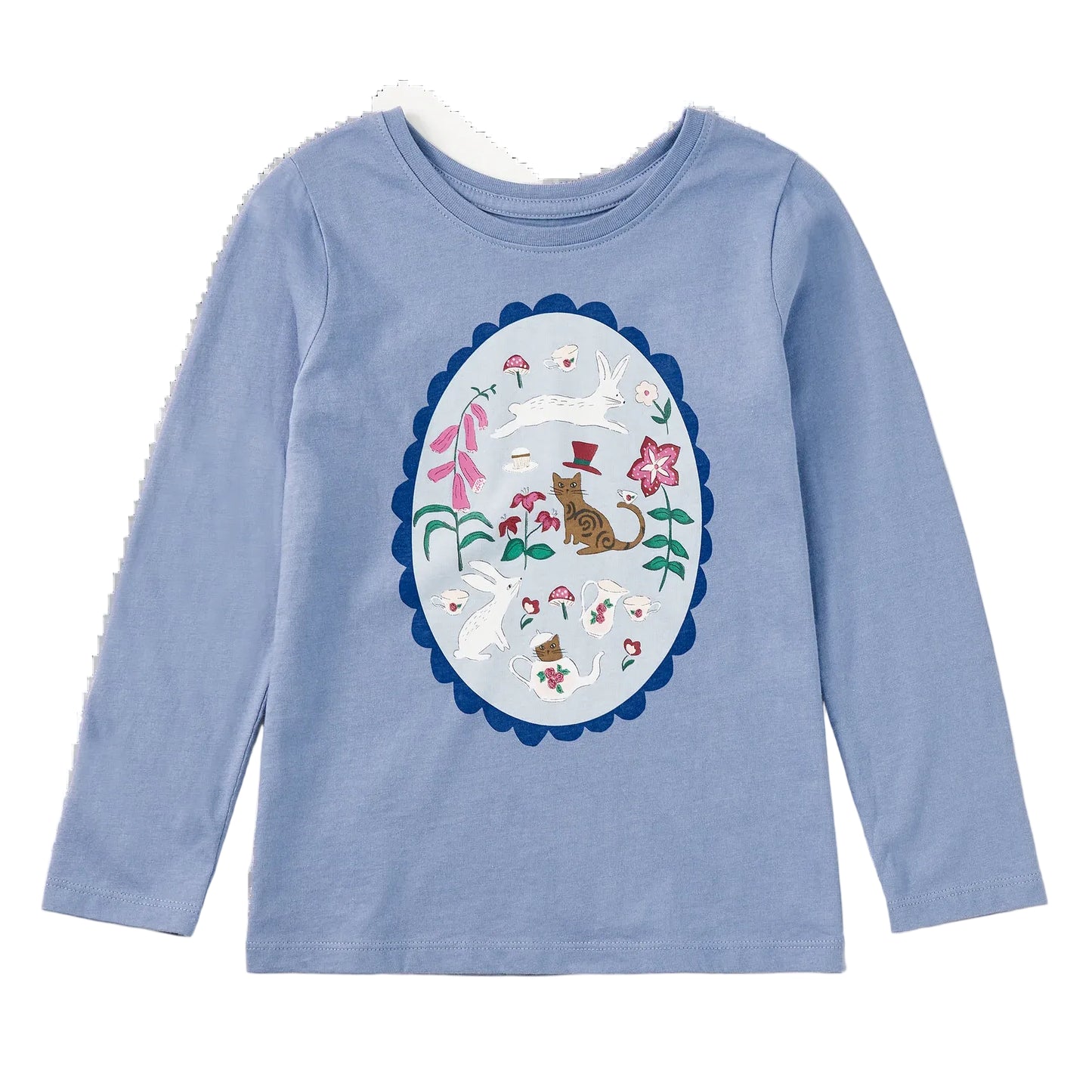 A light blue long-sleeve crewneck shirt for kids, featuring a large central graphic print of a whimsical cat and mushroom scene inside an oval frame.